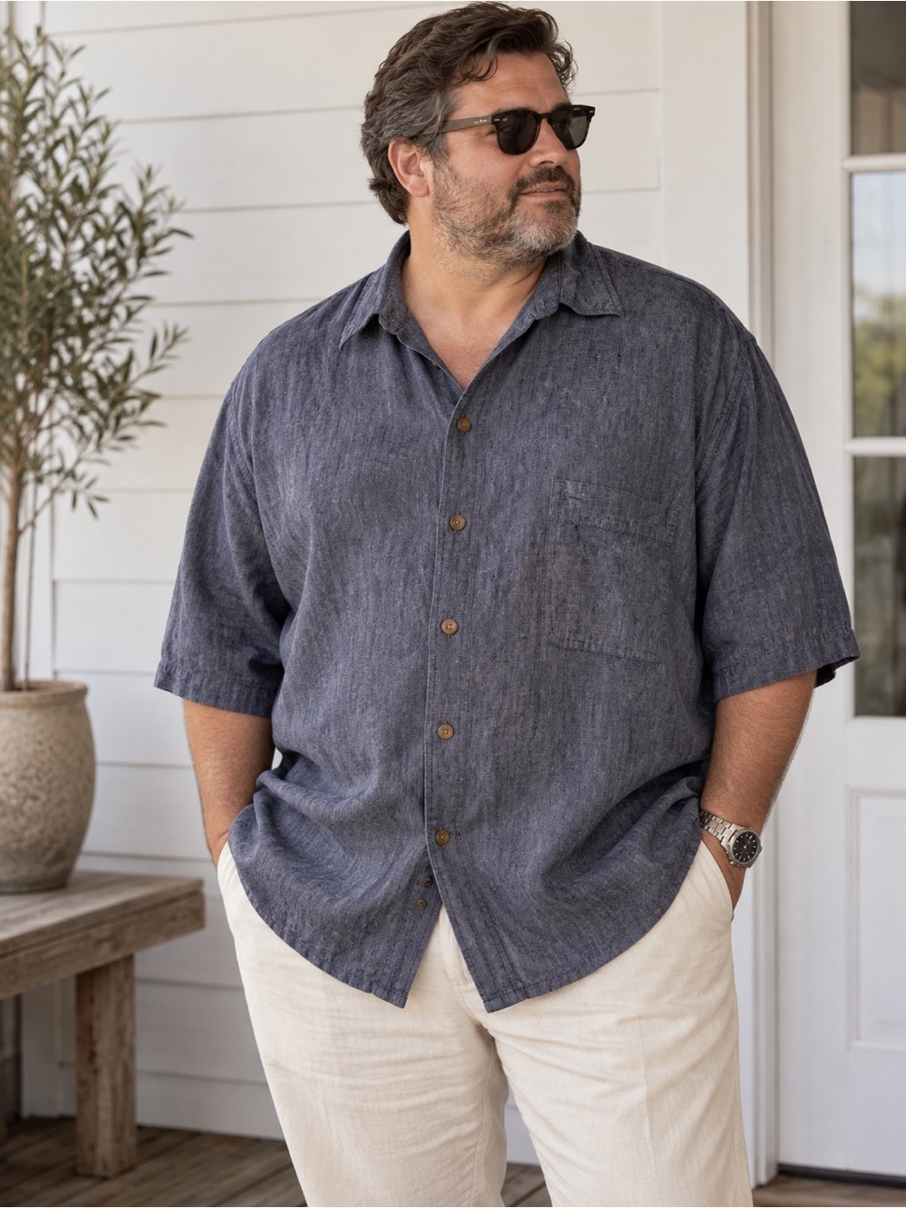 Vintage 90s Eddie Bauer 100% Linen Chambray Shirt XXL Oversized Coastal